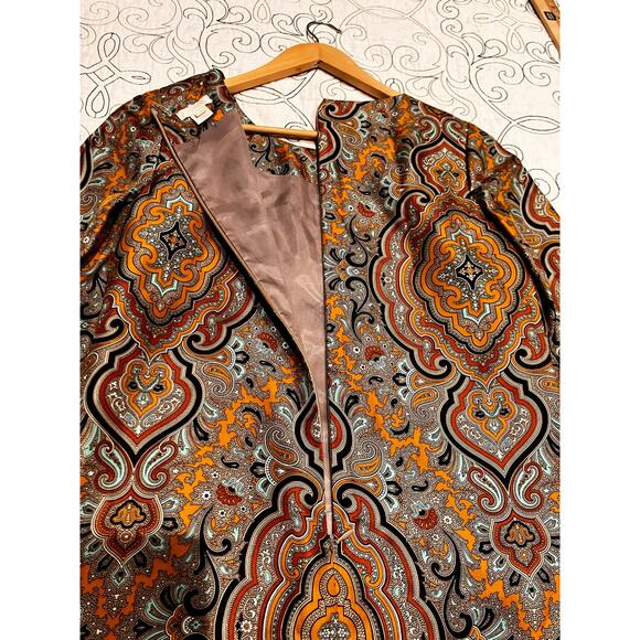 J. Crew Silk Dress Sz 0 Brown Tan Black 3/4 Sleeves Pockets Zip Up Shift Pattern - Picture 7 of 8